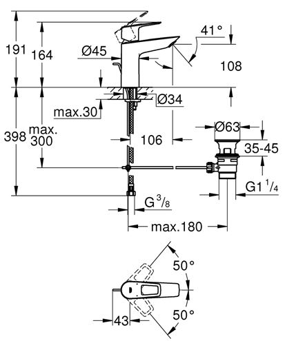GROHE BAULOOP umývadlová stojanková batéria, s odtokovou súpravou, chróm 23762001 Technický nákres