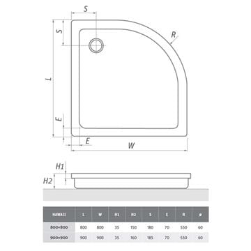 ROTH HAWAII sprchová vanička 80x80 cm, R550, akrylát, bez nožičiek 8000007 Technický nákres