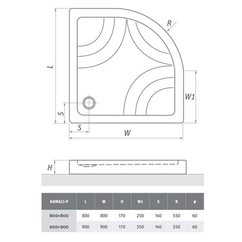 ROTH HAWAII-P sprchová vanička 90x90 cm, R550, akrylát, s nosičom 8000025 Technický nákres