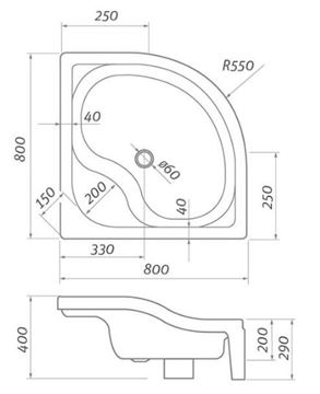 ROTH SEMIDEEP NEO sprchová vanička 80x80 cm, R550, akrylát, bez nožičiek 8000197 Technický nákres