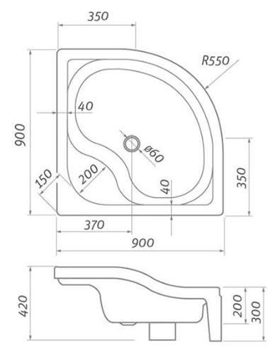 ROTH SEMIDEEP NEO sprchová vanička 90x90 cm, R550, akrylát, bez nožičiek 8000198 Technický nákres