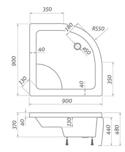 ROTH VIKI LUX sprchová vanička 90x90 cm, R550, akrylát, s nožičkami 8000046 Technický nákres
