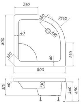 ROTH VIKI LUX sprchová vanička 80x80 cm, R550, akrylát, s nožičkami 8000047 Technický nákres
