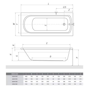ROTH VANESSA NEO 170 čelný panel k vani 170x53 cm 8950001 Technický nákres