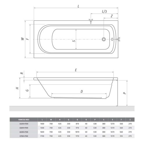 ROTH VANESSA NEO 170 čelný panel k vani 170x53 cm 8950001 Technický nákres