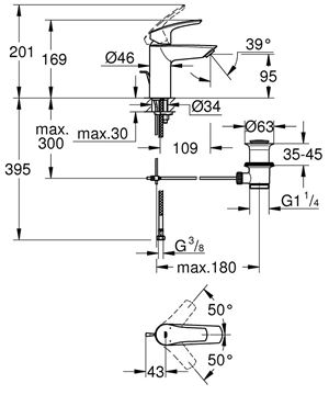 GROHE EUROSMART umývadlová stojanková batéria, s odtokovou súpravou, chróm 33265003 Technický nákres
