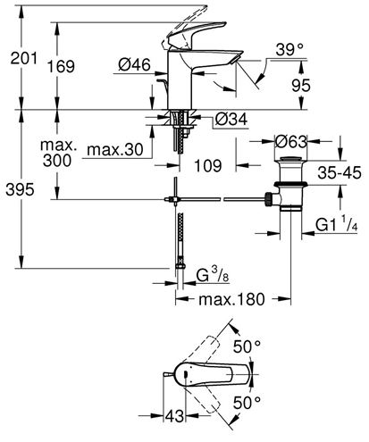 GROHE EUROSMART umývadlová stojanková batéria, s odtokovou súpravou, chróm 33265003 Technický nákres
