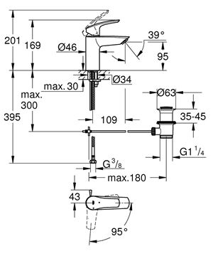 GROHE EUROSMART umývadlová stojanková batéria, s odtokovou súpravou, chróm 32926003 Technický nákres