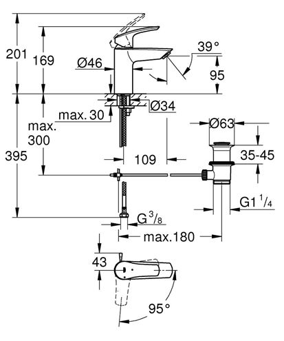 GROHE EUROSMART umývadlová stojanková batéria, s odtokovou súpravou, chróm 32926003 Technický nákres