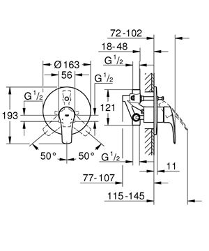 GROHE EUROSMART vaňová podomietková batéria, s prepínačom, s telesom, chróm 33305003 Technický nákres