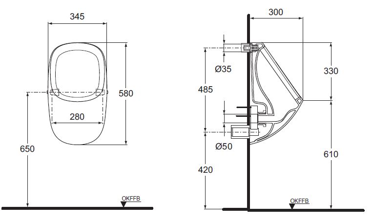 IDEAL STANDARD CONNECT pisoár, zadný prívod vody E621501 Technický nákres