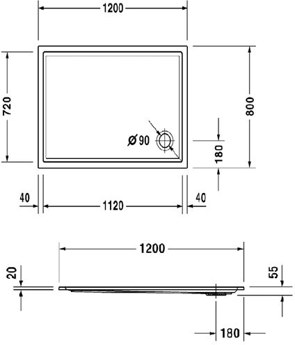 DURAVIT STARCK SLIMLINE sprchová vanička 120x80 cm, akrylát, bez nožičiek 720121000000000 Technický nákres