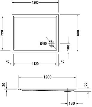 DURAVIT STARCK SLIMLINE sprchová vanička 120x80 cm, akrylát, bez nožičiek 720121000000000 Technický nákres
