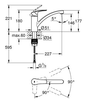 GROHE EUROSMART drezová batéria, chróm 30260003 Technický nákres