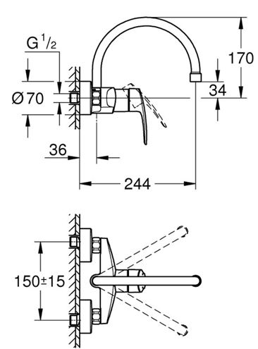 GROHE EUROSMART drezová nástenná batéria, chróm 32482003 Technický nákres