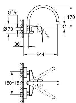 GROHE EUROSMART drezová nástenná batéria, chróm 32482003 Technický nákres