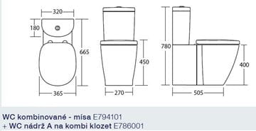 CONCEPT CUBE A WC kombi nádržka, spodný prívod vody, 2 množstvo splachovania E786001 Technický nákres