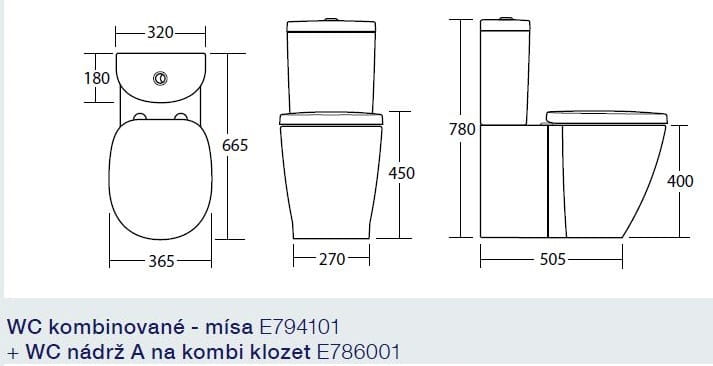CONCEPT CUBE A WC kombi nádržka, spodný prívod vody, 2 množstvo splachovania E786001 Technický nákres