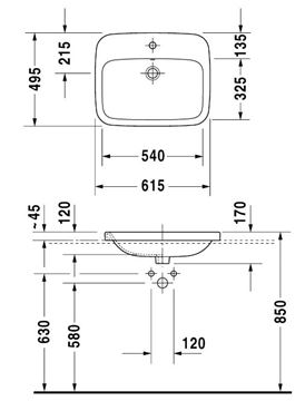 DURAVIT DURASTYLE umývadlo 61,5 cm, s otvorom pre batériu a prepadom 0374620000 Technický nákres