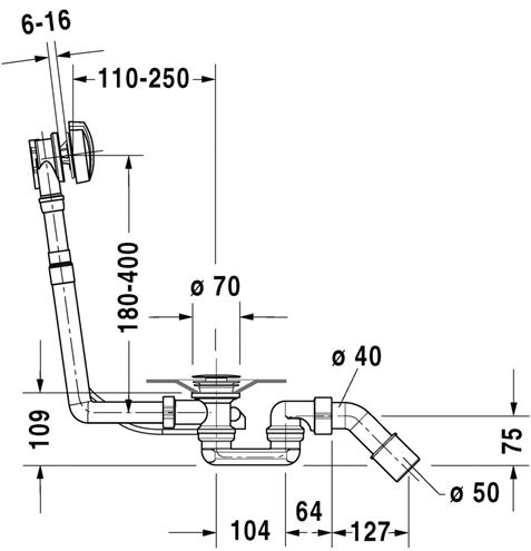 DURAVIT vaňový sifón 53 cm, bovden, chróm 790225000001000 Technický nákres