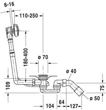 DURAVIT vaňový sifón 53 cm, bovden, chróm 790225000001000 Technický nákres