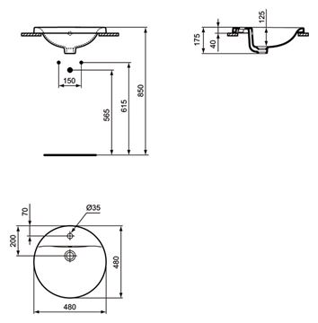 IDEAL STANDARD CONNECT umývadlo 48 cm, s otvorom pre batériu a prepadom E504201 Technický nákres