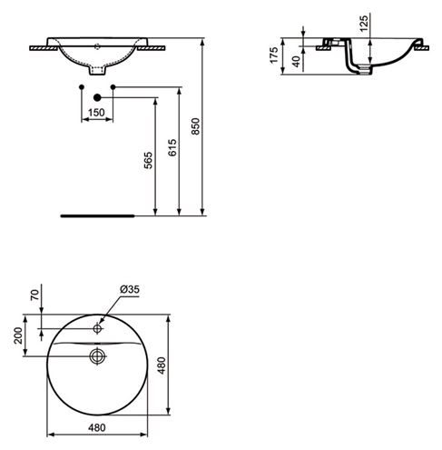 IDEAL STANDARD CONNECT umývadlo 48 cm, s otvorom pre batériu a prepadom E504201 Technický nákres