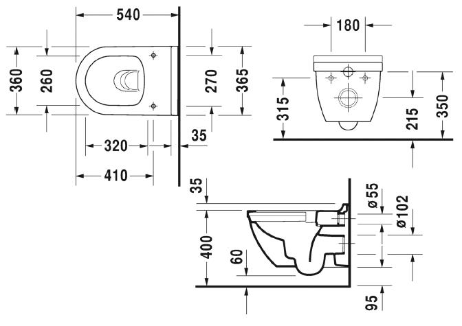 DURAVIT STARCK 3 závesné WC, Rimless splachovanie 2527090000 Technický nákres