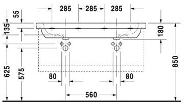 DURAVIT D-CODE dvojumývadlo 120 cm, s 2 otvormi pre batérie a prepadom 03481200002 Technický nákres