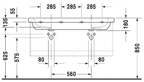 DURAVIT D-CODE dvojumývadlo 120 cm, s 2 otvormi pre batérie a prepadom 03481200002 Technický nákres