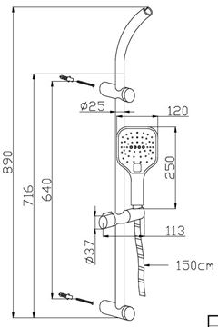 EASY sprchová súprava 3-dielna, ručná sprcha 120x120 mm, 3 prúdy, tyč, hadica, chróm JA194 Technický nákres