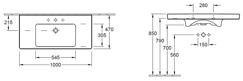 VILLEROY & BOCH VERITY DESIGN 2.0 umývadlo 100 cm, s otvorom pre batériu a prepadom, alpská biela 4A94A001 Technický nákres