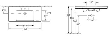 VILLEROY & BOCH VERITY DESIGN 2.0 umývadlo 100 cm, s otvorom pre batériu a prepadom, CeramicPlus, alpská biela 4A94A0R1 Technický nákres