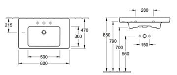 VILLEROY & BOCH VERITY DESIGN 2.0 umývadlo 80 cm, s otvorom pre batériu a prepadom, alpská biela 4A948001 Technický nákres
