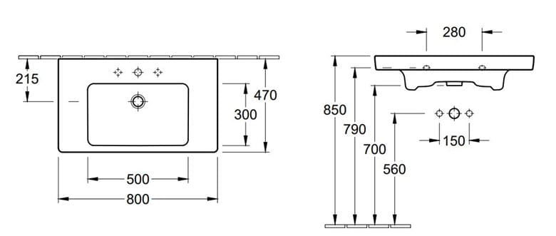VILLEROY & BOCH VERITY DESIGN 2.0 umývadlo 80 cm, s otvorom pre batériu a prepadom, alpská biela 4A948001 Technický nákres