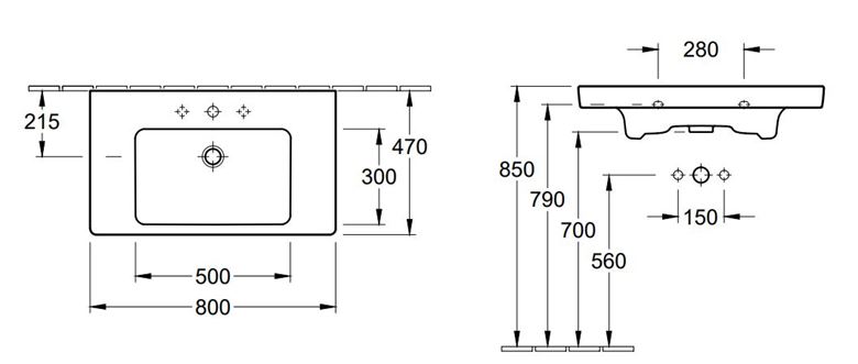 VILLEROY & BOCH VERITY DESIGN 2.0 umývadlo 80 cm, s otvorom pre batériu a prepadom, CeramicPlus, alpská biela 4A9480R1 Technický nákres
