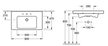 VILLEROY & BOCH VERITY DESIGN 2.0 umývadlo 80 cm, s otvorom pre batériu a prepadom, CeramicPlus, alpská biela 4A9480R1 Technický nákres