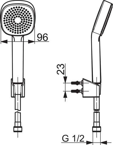 HANSA BASICJET STYLE sprchová súprava 3-dielna, ručná sprcha 96x96 mm, hadica, držiak, chróm 44600113 Technický nákres