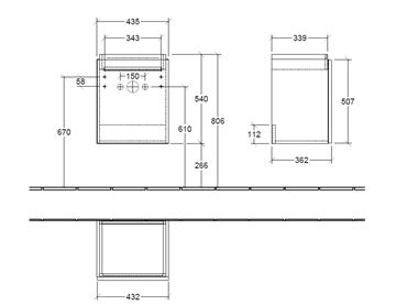VILLEROY & BOCH VERITY DESIGN 2.0 skrinka pod umývadielko 43,5x36,2x54 cm, 1 dvierka, pánty vpravo, Glossy White B07801DH Technický nákres