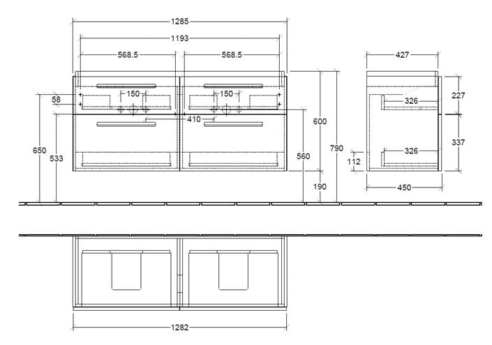 VILLEROY & BOCH VERITY DESIGN 2.0 skrinka pod dvojumývadlo 128,5x45x60 cm, 4 zásuvky, Glossy White B07200DH Technický nákres