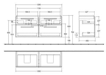 VILLEROY & BOCH VERITY DESIGN 2.0 skrinka pod dvojumývadlo 128,5x45x60 cm, 4 zásuvky, Glossy White B07200DH Technický nákres