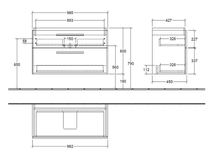 VILLEROY & BOCH VERITY DESIGN 2.0 skrinka pod umývadlo 98,5x45x60 cm, 2 zásuvky, Glossy White B07300DH Technický nákres