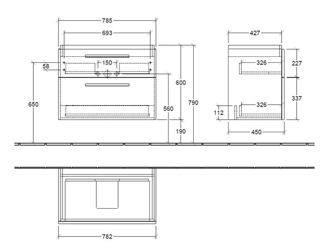 VILLEROY & BOCH VERITY DESIGN 2.0 skrinka pod umývadlo 78,5x45x60 cm, 2 zásuvky, Glossy White B07400DH Technický nákres