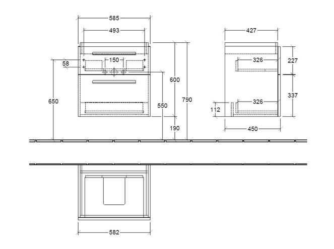 VILLEROY & BOCH VERITY DESIGN 2.0 skrinka pod umývadlo 58,5x45x60 cm, 2 zásuvky, Glossy White B07600DH Technický nákres
