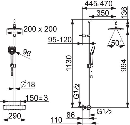 HANSA MICRA sprchový set s termostatickou batériou, horná sprcha, ručná sprcha s 3 prúdmi, tyč, hadica, chróm 44350230 Technický nákres