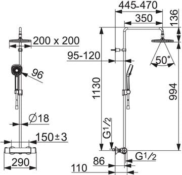 HANSA MICRA sprchový set s termostatickou batériou, horná sprcha, ručná sprcha s 3 prúdmi, tyč, hadica, chróm 44350230 Technický nákres
