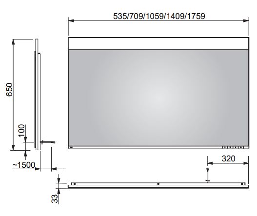 KEUCO EDITION 400 zrkadlo 106x65 cm, s osvetlením, s reguláciou stmievania a teploty svetla, so senzorom 11596172001 Technický nákres