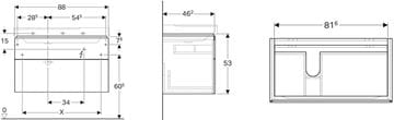 GEBERIT XENO2 skrinka pod umývadlo 88x46,2x53 cm, 2 zásuvky, Push-open, s osvetlením, sivá 500.515.43.1 Technický nákres