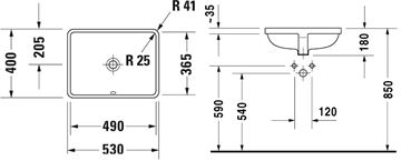 DURAVIT STARCK 3 umývadlo 49 cm, s prepadom 0305490000 Technický nákres