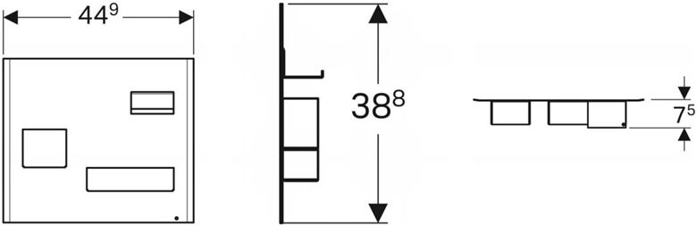 GEBERIT magnetická tabuľa 44,9x7,5x38,8 cm, nástenná, s priehradkami, matná čierna 500.649.16.1 Technický nákres